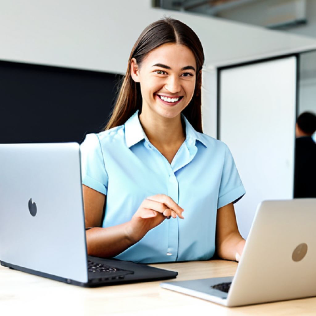 Freelance Success**
"A young professional woman working on a laptop at a bright, modern co-working space. She is smiling and appears confident. The background includes other professionals collaborating and a whiteboard with project ideas. She is fully clothed in business-casual attire, appropriate content, safe for work. Perfect anatomy, correct proportions, natural pose, well-formed hands, proper finger count, natural body proportions, professional photography, high quality, modest clothing."
**