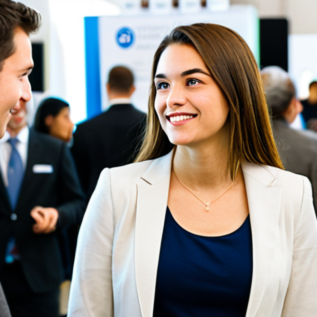 Networking Event**
A young professional, fully clothed in business casual attire, confidently engaging in a conversation at a bustling networking event; background includes diverse individuals, booths, and event signage; appropriate content, safe for work, professional setting, well-lit, perfect anatomy, correct proportions, family-friendly.
**