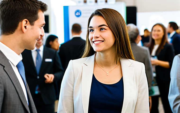 Networking Event**
A young professional, fully clothed in business casual attire, confidently engaging in a conversation at a bustling networking event; background includes diverse individuals, booths, and event signage; appropriate content, safe for work, professional setting, well-lit, perfect anatomy, correct proportions, family-friendly.
**